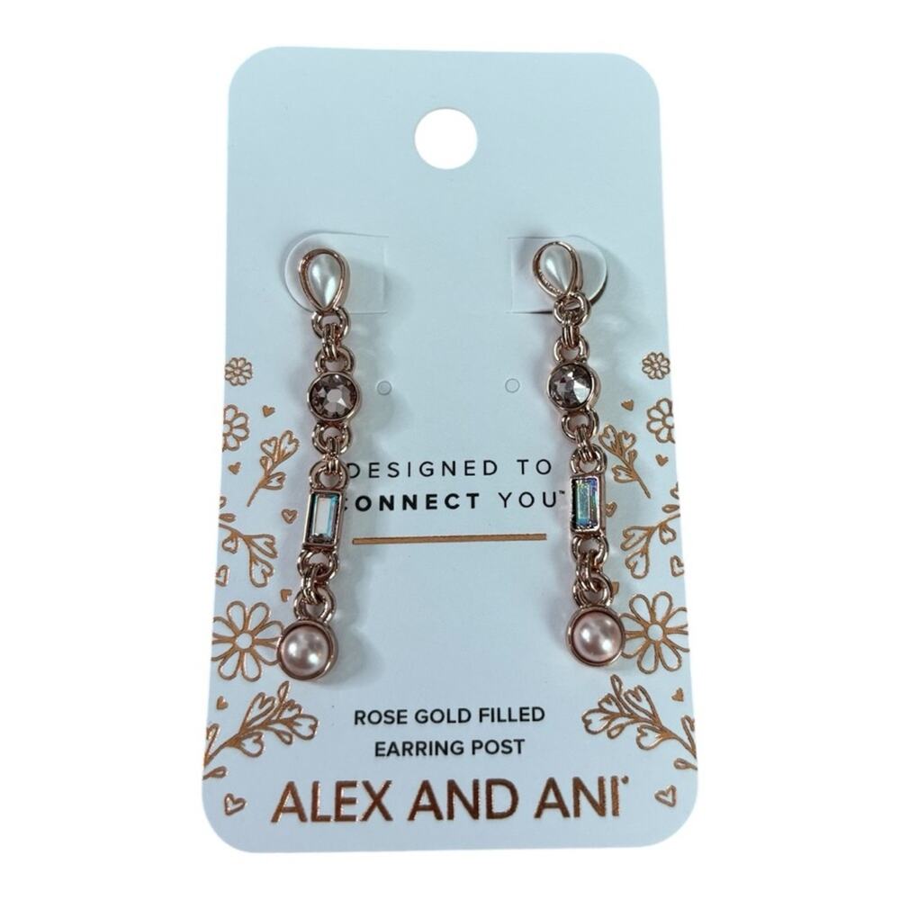 Alex and Ani Rose Gold Filled Drop Earrings Swarovski Crystals and Pearls